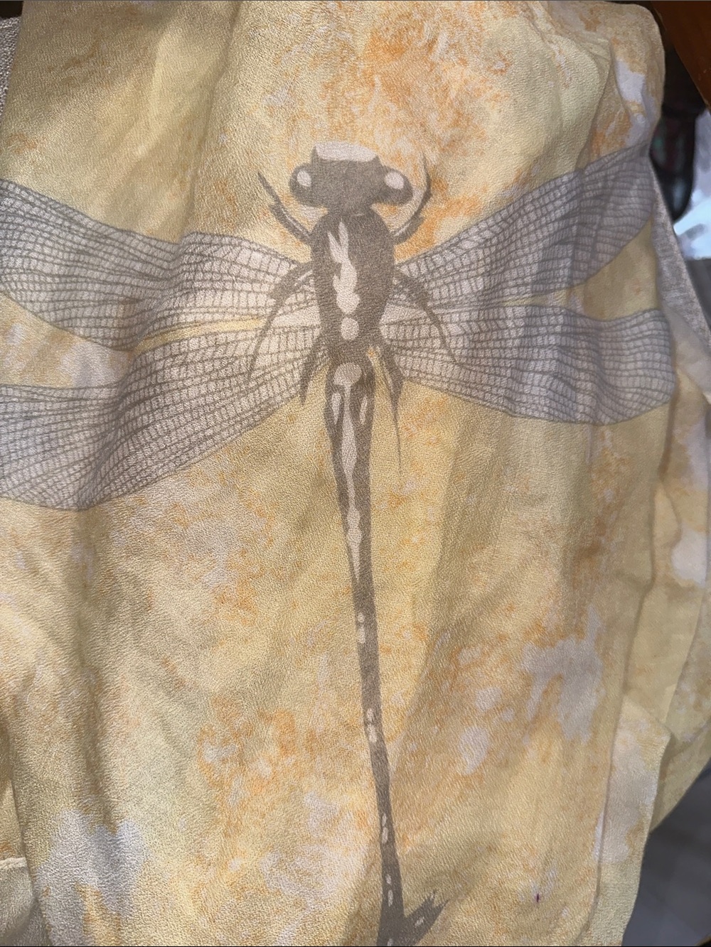 Dragonfly Print Scarf Wrap Yellow Gray Cotton Viscose Oversized 72x30”